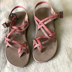 Pink and grey chacos